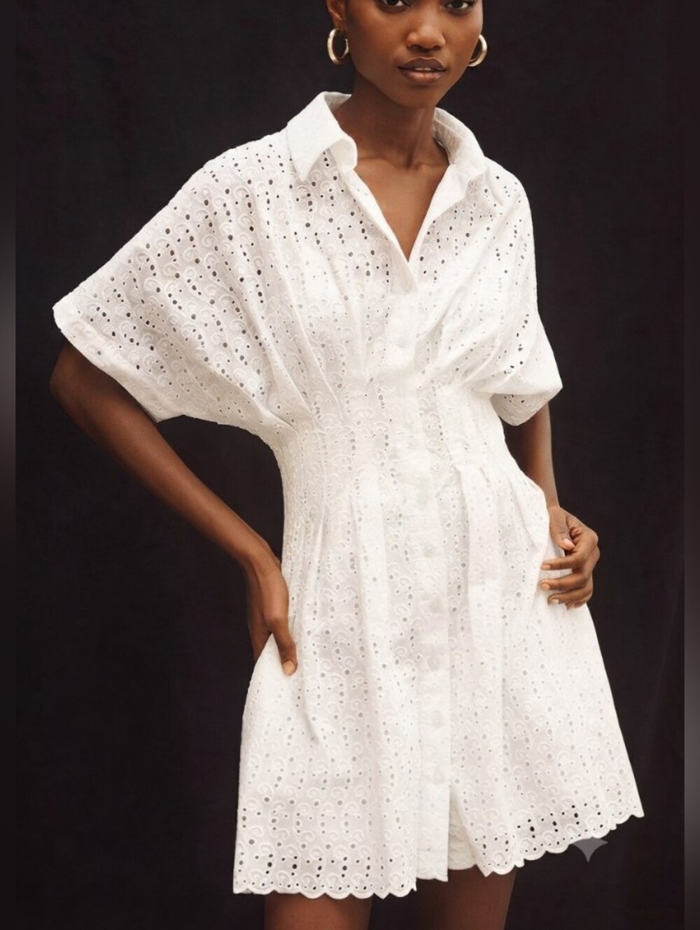 NWT Cal Style Eyelet Button-Front Cotton Shirt Dress Pockets Lined Size L White